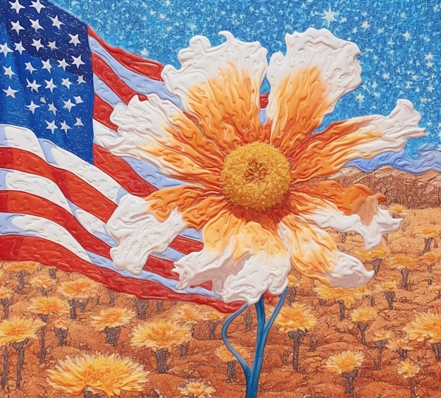 Painting of a sunflower with a flag in the background generative ai