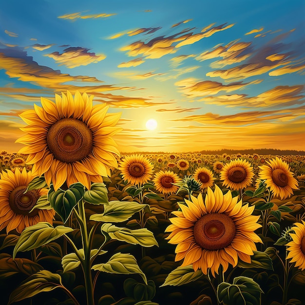 Photo a painting of a sunflower with the sun setting behind it