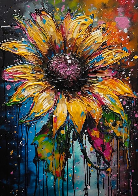 A painting of a sunflower with the word on it