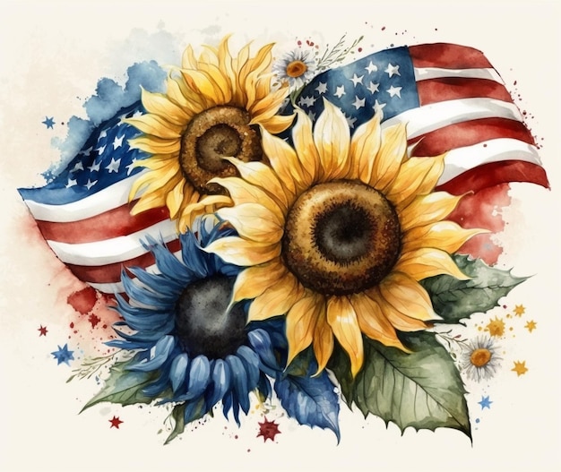 a painting of sunflowers and an american flag on a white background generative ai