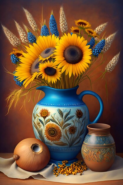A painting of sunflowers in a blue vase