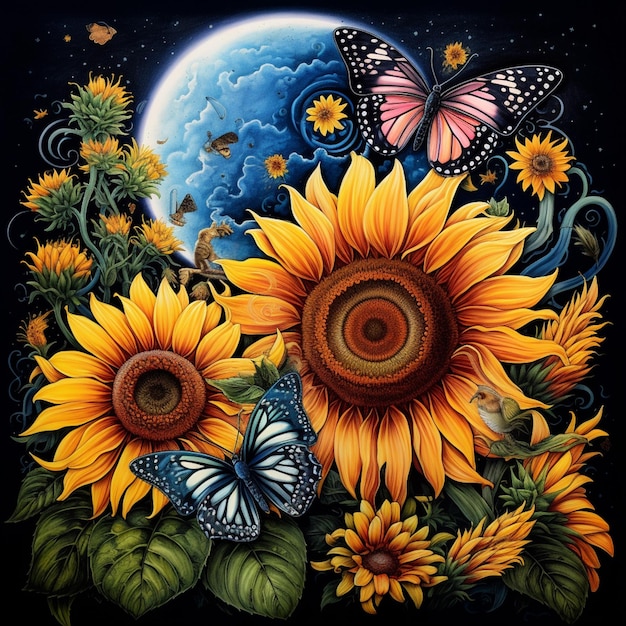Photo painting of sunflowers and butterflies with a full moon in the background generative ai