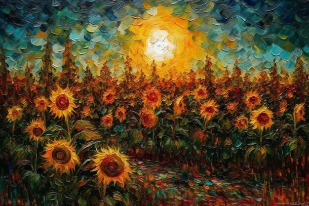 A painting of sunflowers in a field with a bright sun generative ai