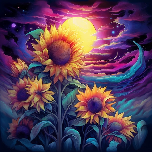 Painting of sunflowers in a field with a full moon in the background generative ai