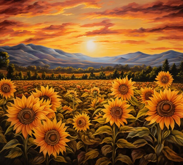 Painting of sunflowers in a field with mountains in the background generative ai