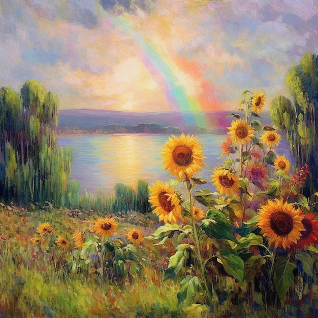 painting of sunflowers in a field with a rainbow in the background generative ai