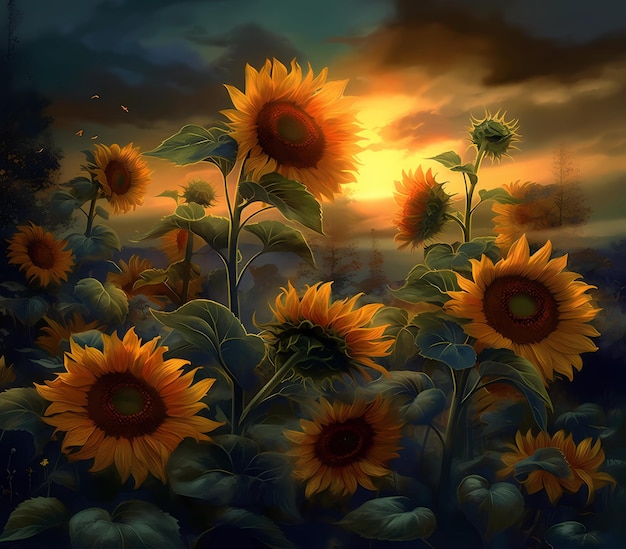 A painting of sunflowers in a field with the sun in the background