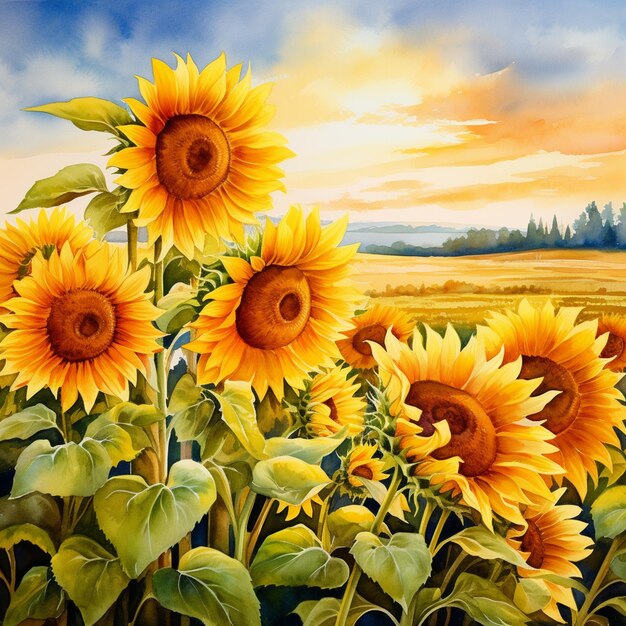 Painting of sunflowers in a field with a sunset in the background generative ai