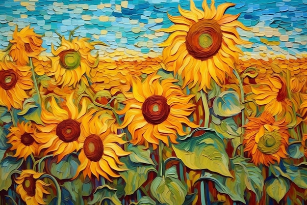 A painting of sunflowers is shown in a colorful painting
