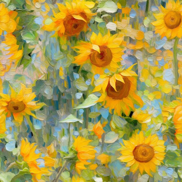 A painting of sunflowers is shown with the word