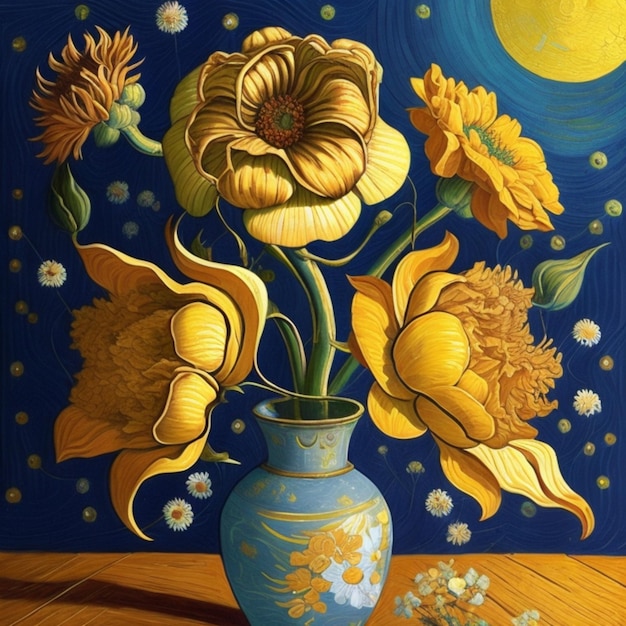 A painting of sunflowers in a vase against a blue background