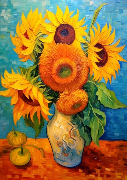 A painting of sunflowers in a vase