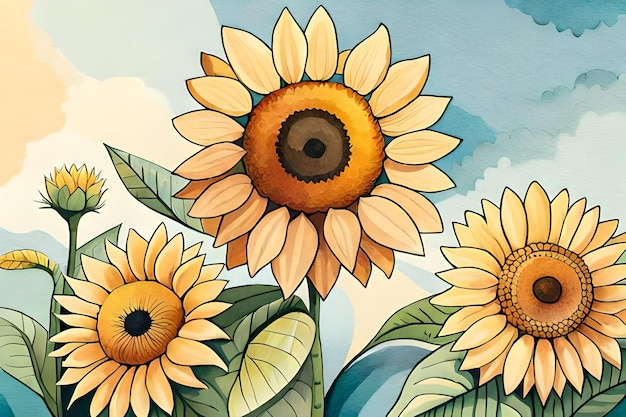 A painting of sunflowers with a bee on the top.