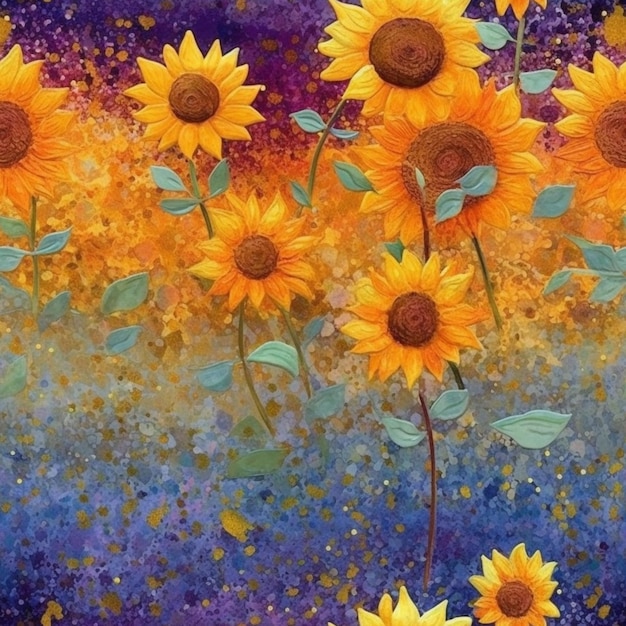 Photo a painting of sunflowers with leaves on them