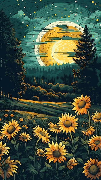 A painting of sunflowers with the sun in the background.