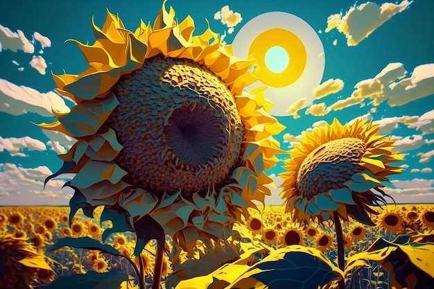 A painting of sunflowers with the sun in the background.