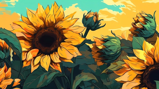 A painting of sunflowers with the sunflowers in the background.
