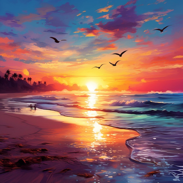 Painting of a sunset on the beach with birds flying over the water generative ai