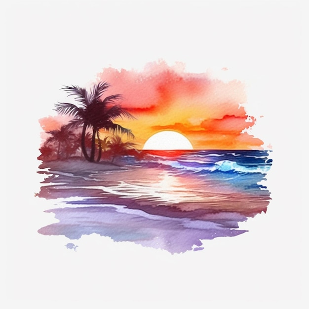 Painting of a sunset on the beach with palm trees and waves generative ai