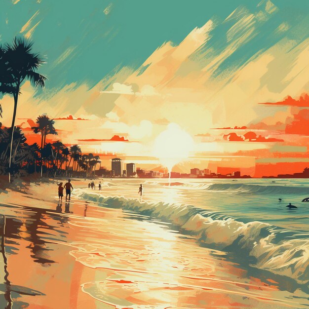 a painting of a sunset on a beach with people walking on the beach.