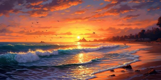 Painting of a sunset on a beach with waves and birds flying generative ai