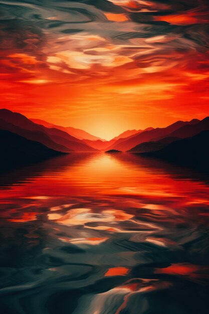 A painting of a sunset over a body of water Generative AI image