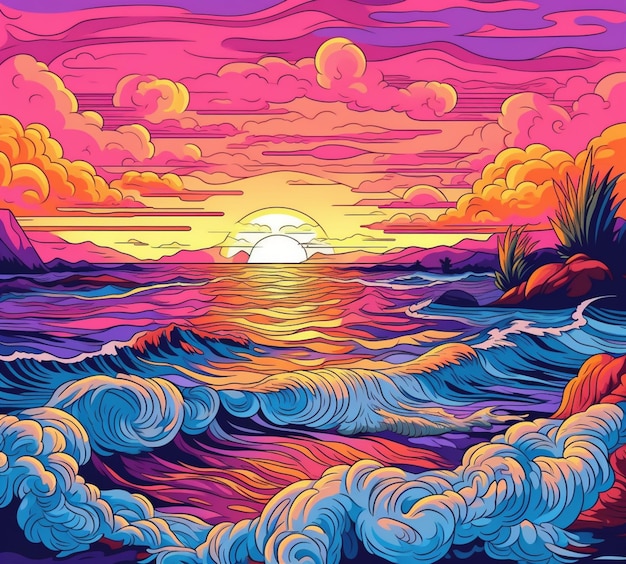a painting of a sunset over a body of water generative ai