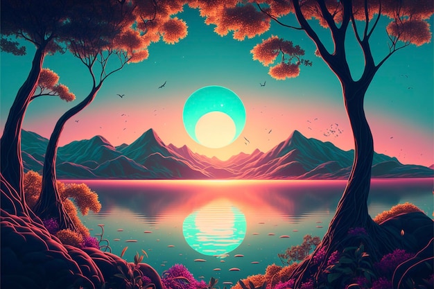 Painting of a sunset over a body of water generative ai