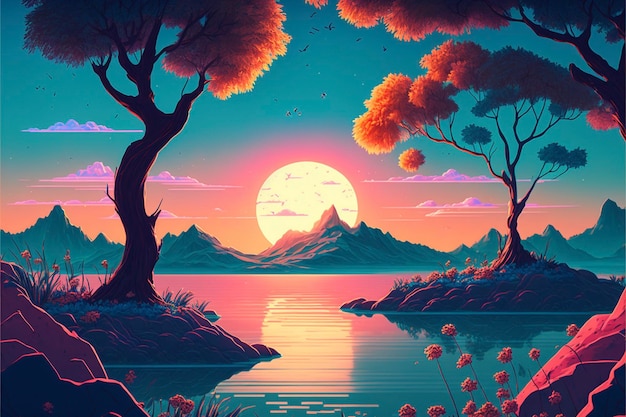 Painting of a sunset over a body of water generative ai