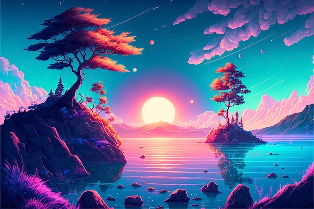 Painting of a sunset over a body of water generative ai