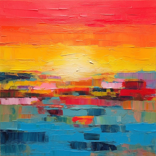 Painting of a sunset over a body of water with a boat in the foreground generative ai