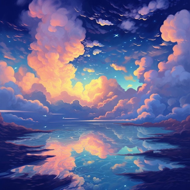 Painting of a sunset over a body of water with clouds generative ai