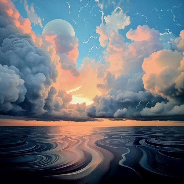 Painting of a sunset over a body of water with clouds generative ai