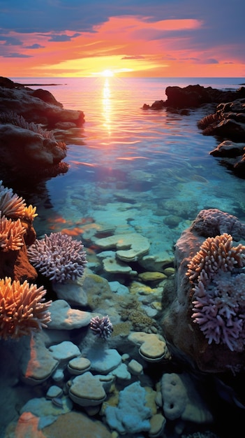 painting of a sunset over a body of water with corals generative ai