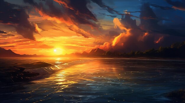 Painting of a sunset over a body of water with a mountain in the background generative ai