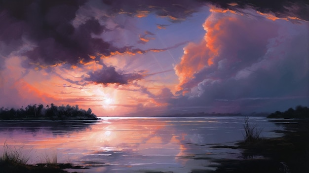 A painting of a sunset over a body of water with a purple sky and clouds.