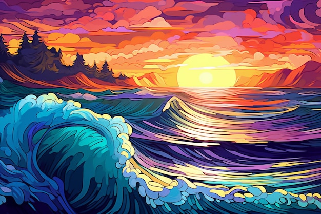 Painting of a sunset over a body of water with a wave generative ai