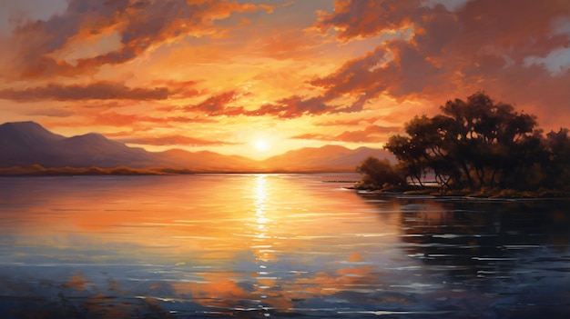 A painting of a sunset over a body of water