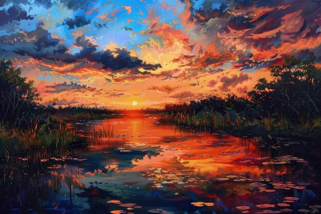 A painting of a sunset over a body of water