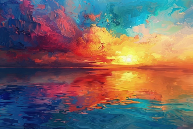 A painting of a sunset over a body of water