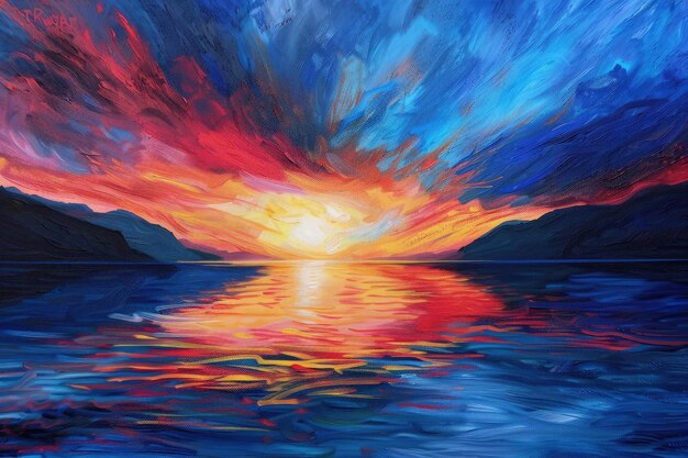 A painting of a sunset over a body of water