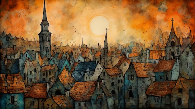 A painting of a sunset over a city AI generative image
