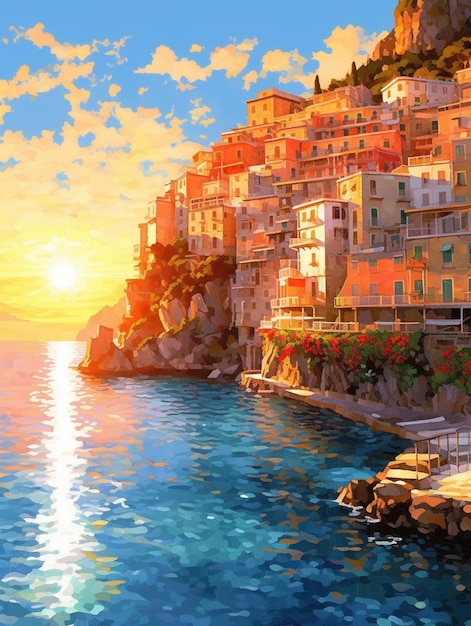 Painting of a sunset over a city by the ocean generative ai