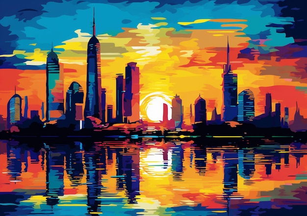 Painting of a sunset over a city with a large body of water generative ai