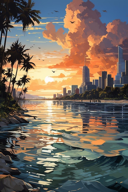 painting of a sunset over a city with palm trees and a body of water generative ai