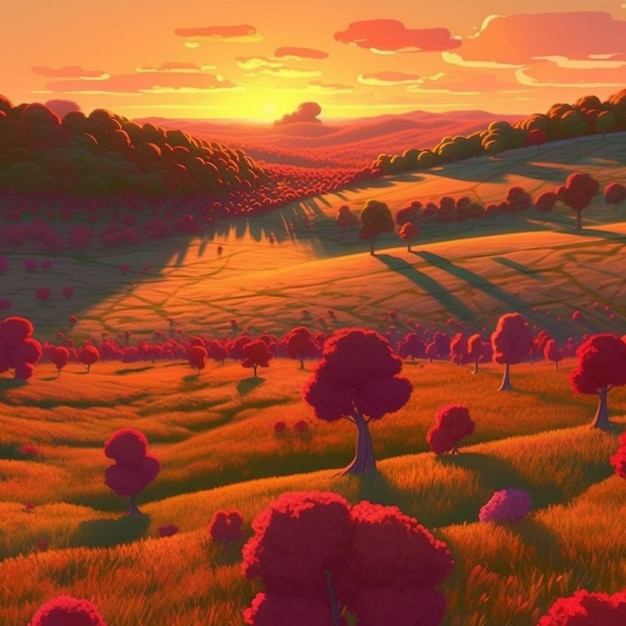 Painting of a sunset over a field with trees and hills generative ai