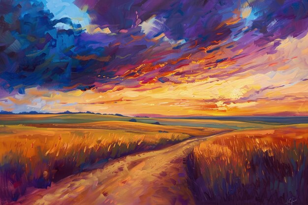 A painting of a sunset over a field