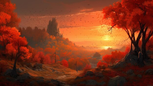 Painting of a sunset in a forest with a river and trees generative ai