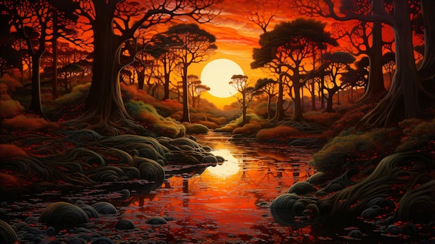 Painting of a sunset in a forest with trees