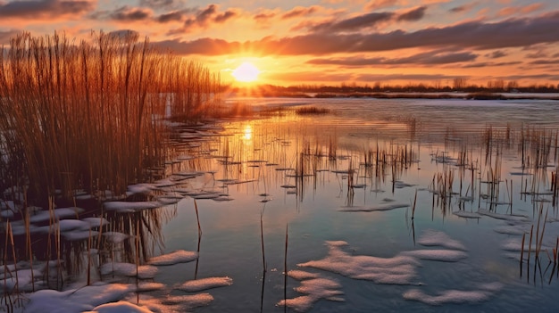 A painting of a sunset over a frozen lake